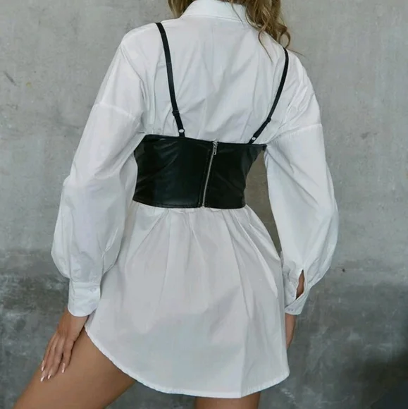 Black wide corset belt faux leather harness suspenders steampunk waist belt - Picture 5 of 15